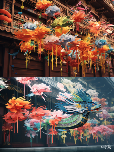 Colorful Collage of Fish Decorations: Gongbi Style, Beads and Yarn, Dragon Art