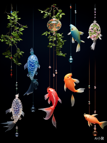 Colorful Collage of Fish Decorations: Gongbi Style, Beads and Yarn, Dragon Art