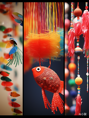 Colorful Collage of Fish Decorations: Gongbi Style, Beads and Yarn, Dragon Art