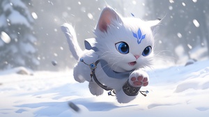 3D CG皮克斯风格中的小可爱和可爱的雪猫在古罗马神庙中奔跑