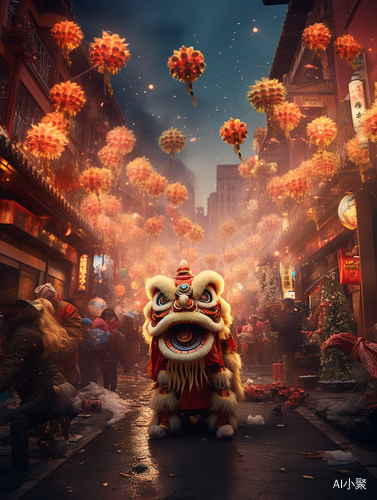 Chinese New Year Lion Dance and Festive Street Decorations in HD