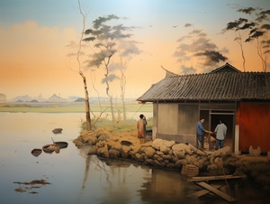 烟雨江南工笔画，画面简洁，只是风景画，把江浙的黛瓦粉墙的房子画出来