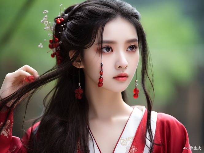 黑发女孩，红汉服，端庄严肃