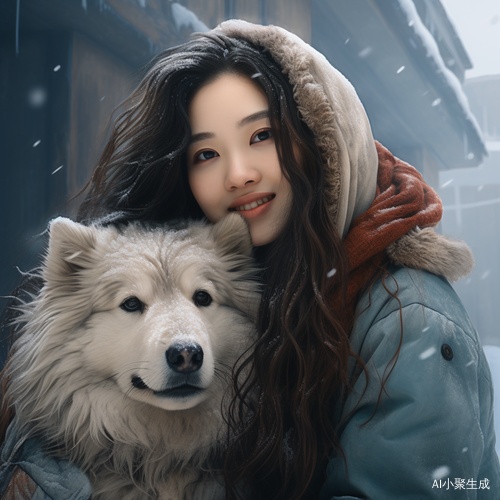 雪天女孩与大型犬的真实相遇
