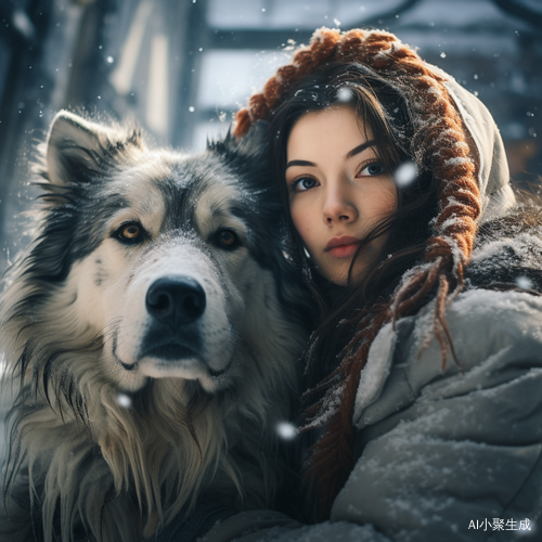 雪天女孩与大型犬的真实相遇