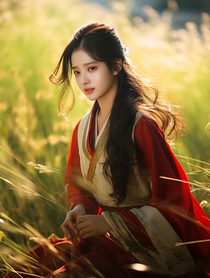 Solo, Chinese wind, Hanfu, Full body, photo of a woman, grass green, red and gold clothing, spectacular scene, Wide viewing Angle, high definition, big scene, sharp focus, Natural lighting, Underground scattering, f2,35 mm, film grain, reality, brown eyes, smile, long black hair, look Observer, shoulders, lips, plumsex body, Closed mouth, hair on the shoulders, real life