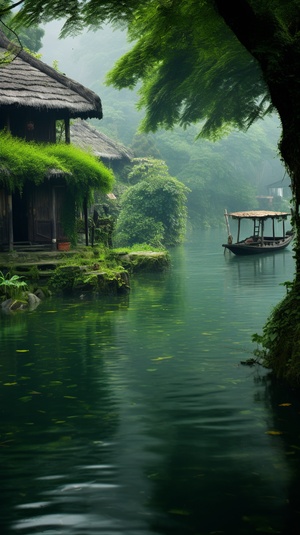 The emerald green water flows leisurely, revealing a picturesque jade lake with a deep, secluded bamboo forest on the horizon. Just beyond stands a thatched cottage, with wisps of smoke curling up from its rooftop, carrying a heartwarming scent. This sight, like a fairyland, captivates and lingers in one's heart. v 5.2 ar 3:4