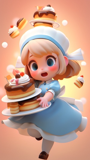 Cute girl with bangs short hair, blue dress, white apron, holds blender, pink headband, big eyes, frontal view of the character, Waving action, brown color palette, double layer cake, biscuits, warm color background, Pixar, 3d rendering