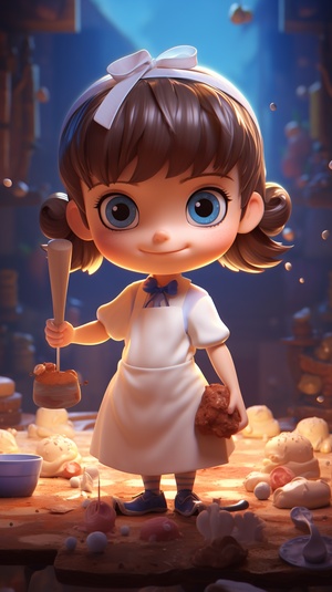 Cute Girl with Short Bangs and Blue Dress: Animated 3D Rendered Character with Blender and Waving Action