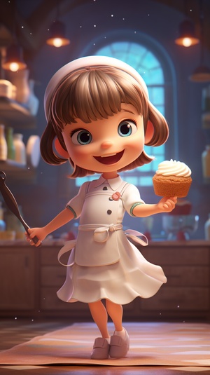 Cute girl with bangs short hair, blue dress, white apron, holds blender, pink headband, big eyes, frontal view of the character, Waving action, brown color palette, double layer cake, biscuits, warm color background, Pixar, 3d rendering