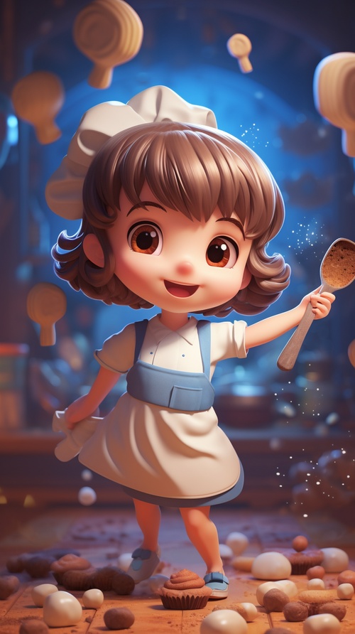 Cute girl with bangs short hair, blue dress, white apron, holds blender, pink headband, big eyes, frontal view of the character, Waving action, brown color palette, double layer cake, biscuits, warm color background, Pixar, 3d rendering