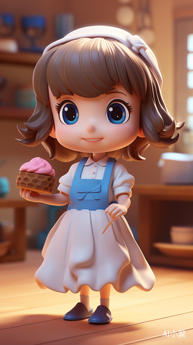 Cute Girl with Short Bangs and Blue Dress: Animated 3D Rendered Character with Blender and Waving Action