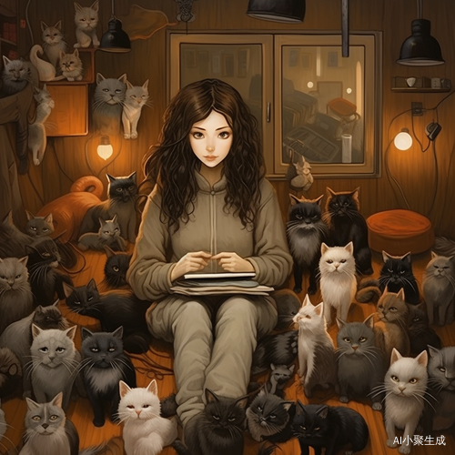雨天中的棕发女孩与众猫