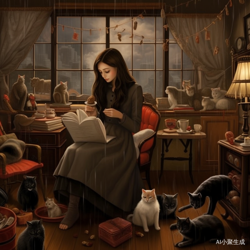 雨天中的棕发女孩与众猫