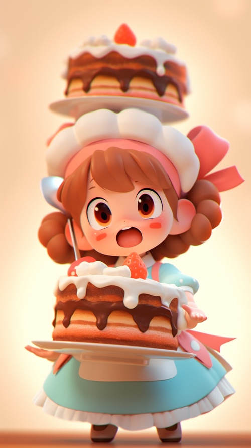 Cute girl with bangs short hair, blue dress, white apron, holds blender, pink headband, big eyes, frontal view of the character, Waving action, brown color palette, double layer cake, biscuits, warm color background, Pixar, 3d rendering