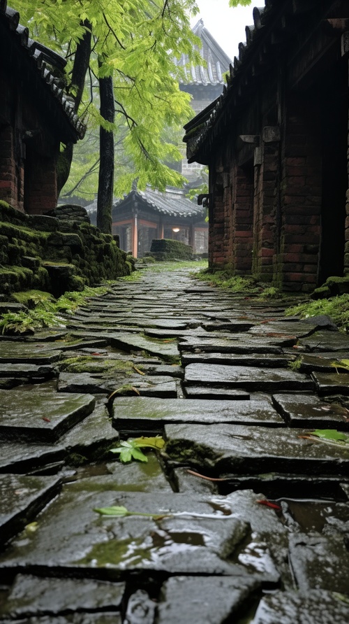 青砖石板地面有很多裂纹，在薄雾中有古老的中式建筑风格的阁楼废墟，满地落叶，空旷废墟的院子，四周矮墙，寺庙，空间感，中景，仰视视角，江南四合院，樱花