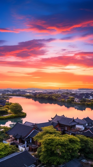 Jiangnan water town, sunset sunset scenery, real photography, super high definition, as long as a smallpavilion, not more, 8k, the distance is the mountain,the near is the river, super wide angle, close view, v1, full, the highest image quality v 5.2