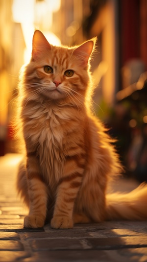 A cute cat, orange, with short legs, Beautiful streets, Full Length Shot(FLS), cinematic shot, Disney style, Fantastic Light, Side view ar 9:16