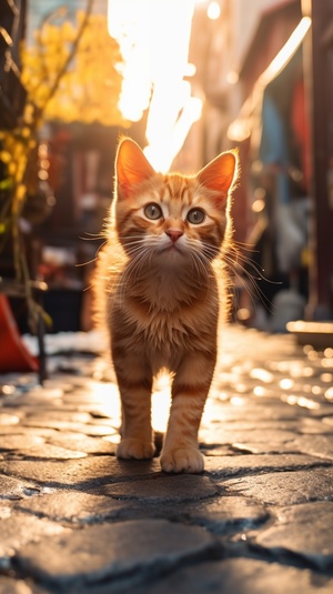 A cute cat in an orange, cinematic shot with short legs, in Disney style and a fantastic light, seen from a side view in 9:16 aspect ratio