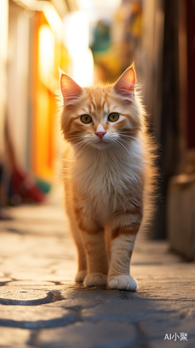 A cute cat in an orange, cinematic shot with short legs, in Disney style and a fantastic light, seen from a side view in 9:16 aspect ratio