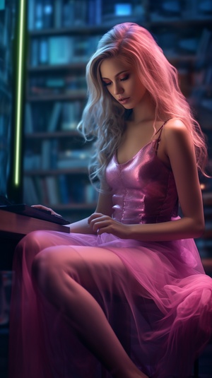 Dreamy Cyberpunk Girl Reading in Library