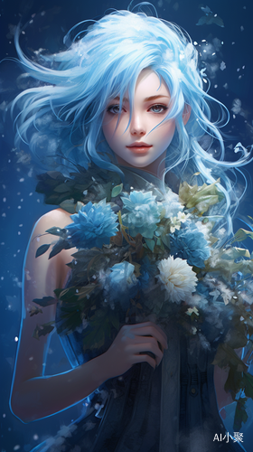 绝美蓝发少女雪花背景华丽鲜花大师作品