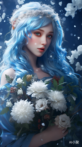 绝美蓝发少女雪花背景华丽鲜花大师作品