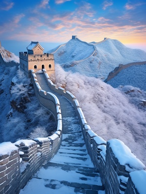 冬天里，雪花飞舞，万里长城被白茫茫的冰雪覆盖，非常壮观，一缕缕阳光照射下，分外妖娆