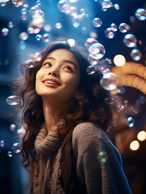 Super realistic 8K CG, masterpiece, best quality, (Super realistic 8K CG, masterpiece, best quality, (photorealistic: 1.4), HDR, absurdres, Professional, RAW photos, lens flares, (film grain: 1.1), bokeh, (depth of field), studio lighting, a Chinese woman standing in the air with many bubbles and looking at the camera, surreal 8k CG, masterpiece, best quality, (photorealistic: 1.4), HDR, absurdres, professional, RAW photos, lens flares, (film grain: 1.1), bokeh, (depth of field), studio lighting, a Chinese