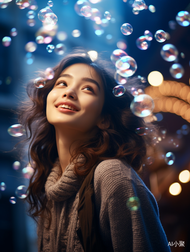 woman standing in the air with bubbles.