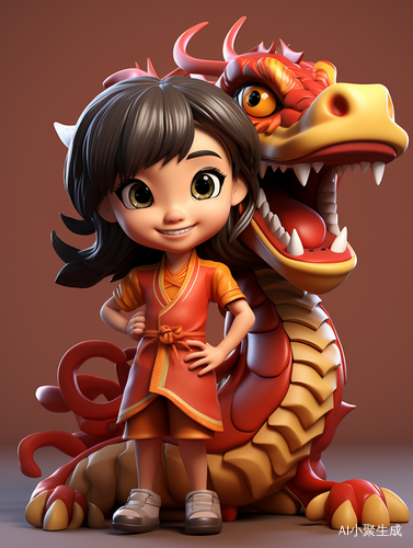 龙年吉祥物与中国小女孩3D版