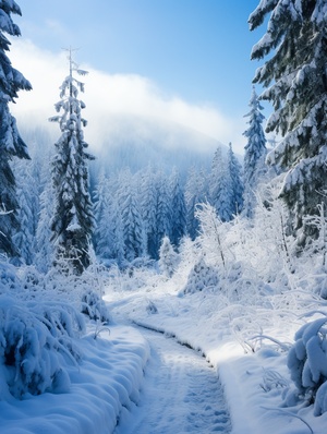 冬天, 雾气腾腾，云雾缭绕，厚厚的积雪, 挂满了毛绒绒的雾凇绒的水杉树, 水杉树非常非常高大，形状像爱心，弯曲开阔的雪路, 壮观大气, 透视光, 真实风景 ，真实的雪景