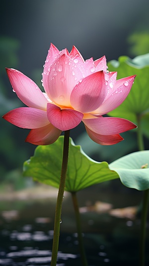 a pink lotus flower in water with a drop of water, in the style of eastern zhou dynasty, photo-realistic landscapes, creative commons attribution, red and green, walter launt palmer, water drops, massurrealism