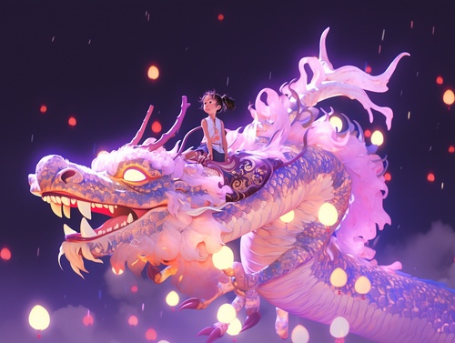 Super wide Angle, long shot,a very beautiful little Chinese girl riding on the head of the dragon, wearing gorgeous Han Chinese Clothing,Pink, Light yellow,Lavender color,movie light, super details,Tin foil gold,minimalism,Chinesedragon,C4D rendering,Surrealism,master works, movie lighting, Ultra HD, fine details, colorgrading32K HD ar 3:4niji 5s 180