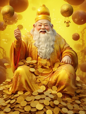 中国的财神，中国的财神与金黄色和一个黄金元宝，小小黄金，天掉金元宝，在印刷的样式，浅黄和浅红，东方正统财神，财神，五颜六色的财神肖像画，多层次最佳画质，高画质，高细节，高清，疯狂的细节，超高清画质，-ar 46:65