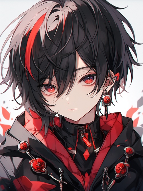 Anime style, boy, black chipped hairstyle, red peach blossom eyes, black heart in the pupil, wearing a small shirt with collar straps, black coat, black shorts.