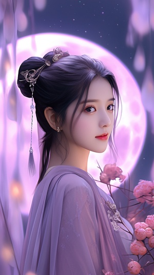 On,Mid-Autumn,Festival,,a,woman,wearing,a,purple,Han,suit,in,ancient,China,,with,large,eyes,,delicate,facial,features,,simple,clothes,,clear,details,,and,a,large,round,moon,in,the,background,,sat,under,the,osmanthus,and,played,the,pipa,in,high,detail,,32K,