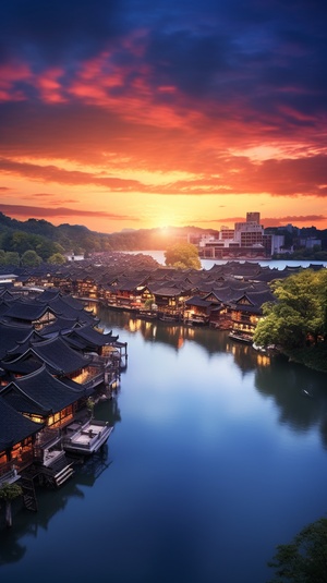 Jiangnan water town, sunset sunset scenery, real photography, super high definition, as long as a small pavilion, not more, 8k, the distance is the mountain, the near is the river, super wide angle, close view, v1, full, the highest image quality v 5.2