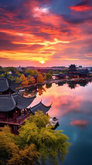 Jiangnan Water Town Sunset: Super High Definition Photography