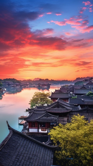 Jiangnan Water Town Sunset: Super High Definition Photography