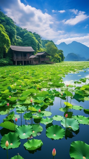 桂林山水,小屋,湖水,湖水中长满了荷花，高清,远景拍照 。真实拍摄，现实拍摄