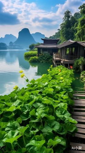 桂林山水小屋湖水荷花高清远景拍摄