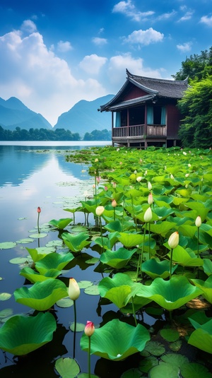 桂林山水小屋湖水荷花高清远景拍摄