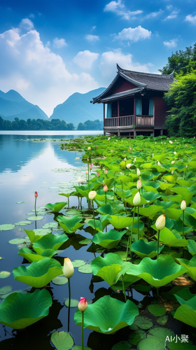 桂林山水小屋湖水荷花高清远景拍摄