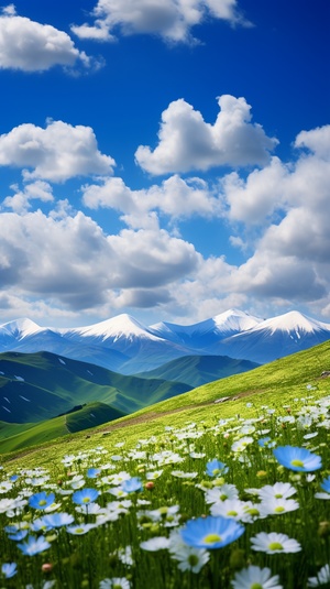 梦幻雪山下，低镜头盛开格桑花