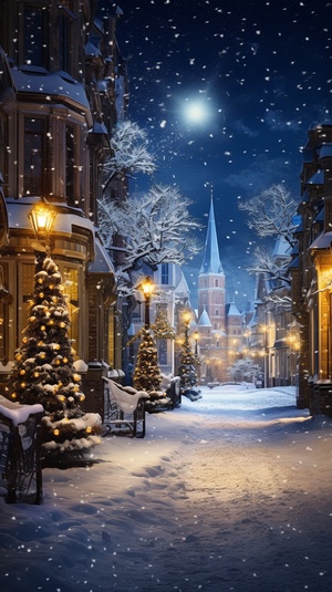 Beautiful snow scenery, with many snowflakes floating in the sky,, Streets, streets, trees, realism ar 9:16