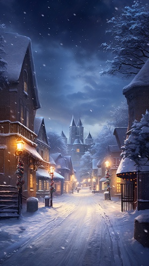 Beautiful snow scenery, with many snowflakes floating in the sky,, Streets, streets, trees, realism ar 9:16