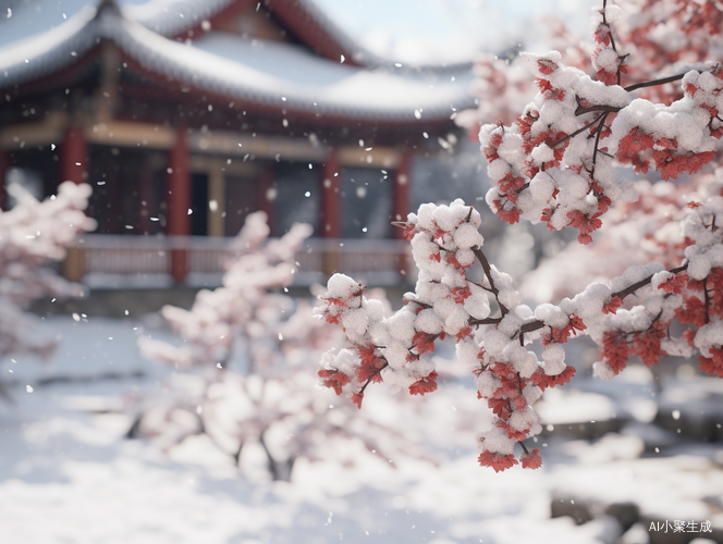 虚幻引擎下的清晰对比：中国古代客栈红墙上的覆雪李树
