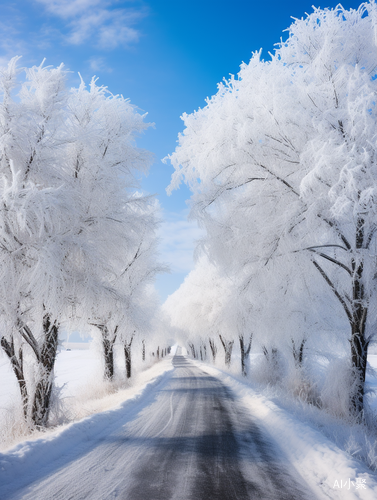 冰雪世界-公路拐弯，大树林立，广角远景摄影佳品