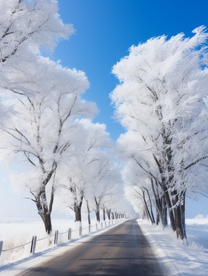 冰天雪地，拐弯前行的公路，两旁排列整齐的大树，银装素裹，超高清，高画质，广角，远景，色彩对比，对角线，摄影佳品